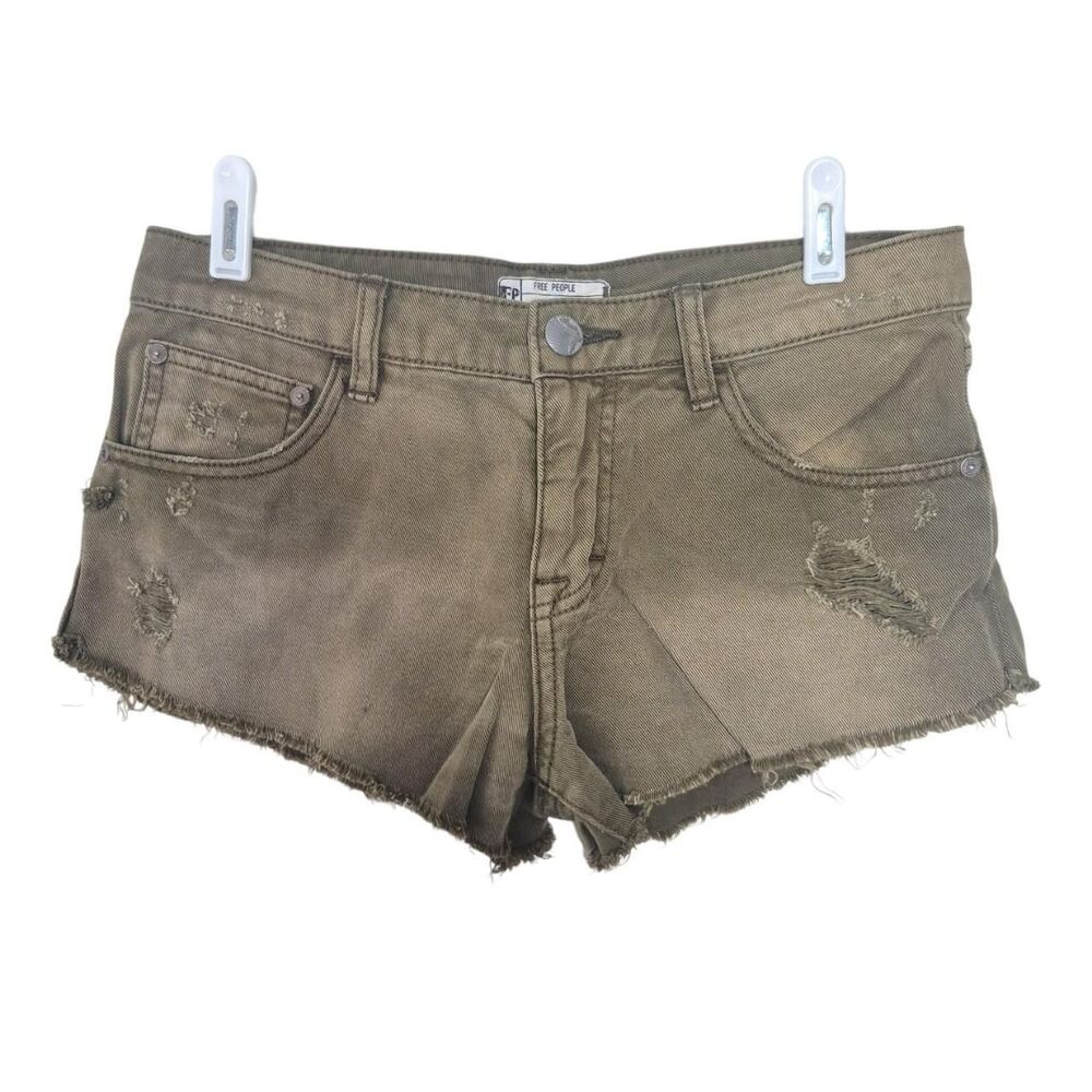 Free People Irreplaceable Army Green Raw Hem Denim Shorts Size 24